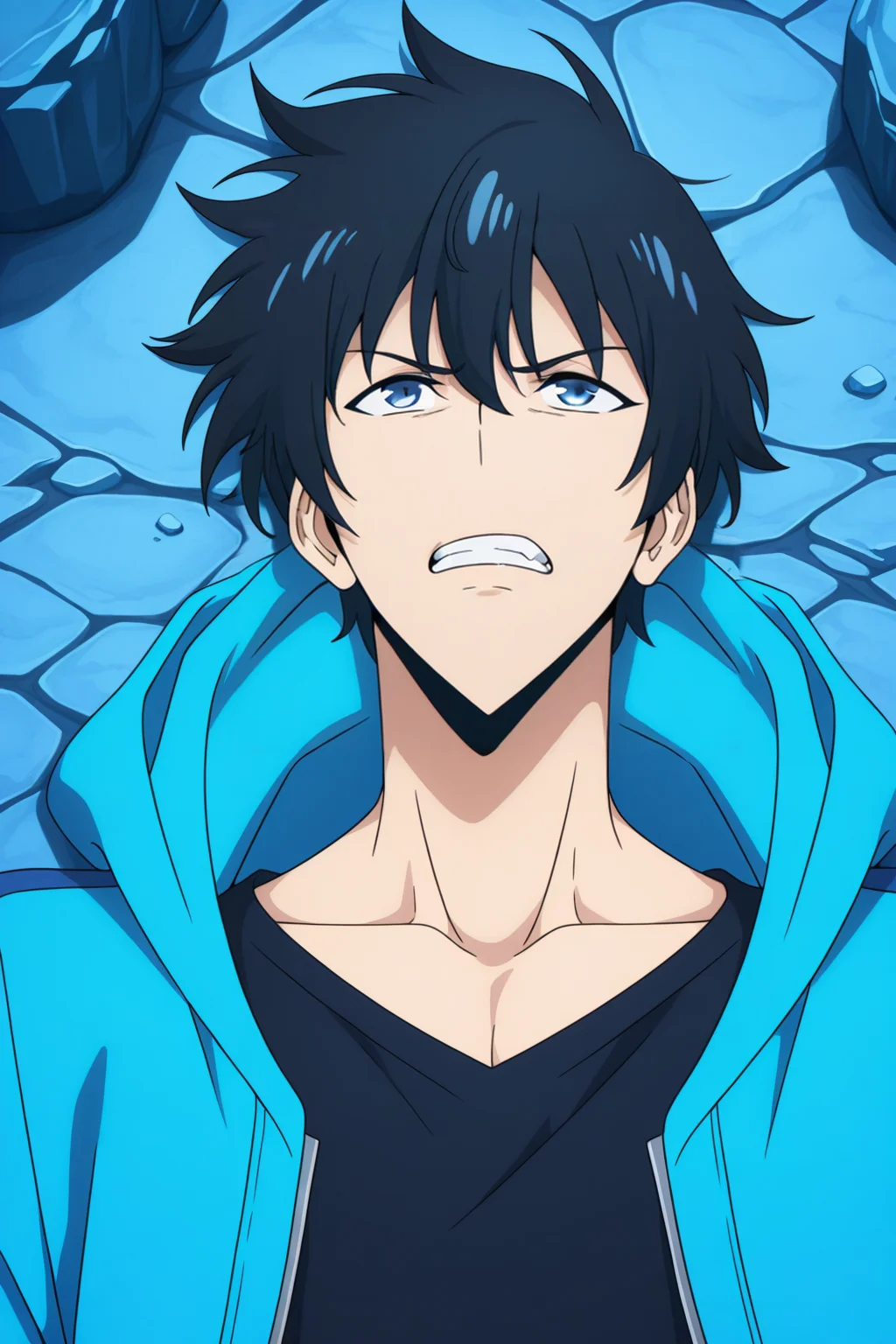 <lora:SoloLeveling:1>, SoloLeveling, 1boy, male focus, solo, teeth, black hair, clenched teeth, on back, shirt, lying, jacket, blue eyes, hood, black shirt, collarbone, open clothes, open jacket, hooded jacket, blue jacket, blue theme, long sleeves, rock,
