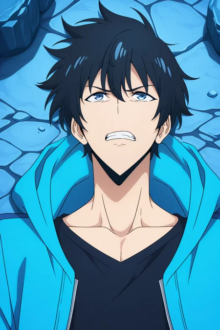 <lora:SoloLeveling:1>, SoloLeveling, 1boy, male focus, solo, teeth, black hair, clenched teeth, on back, shirt, lying, jacket, blue eyes, hood, black shirt, collarbone, open clothes, open jacket, hooded jacket, blue jacket, blue theme, long sleeves, rock,