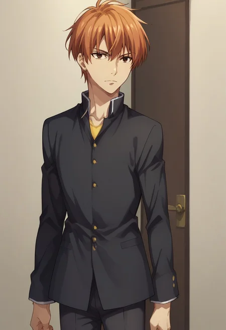 score_9, score_8_up, score_7_up, source_anime, highly detailed,
kyosohma, 1boy, solo, male focus, orange hair, brown eyes, gakuran, school uniform, black uniform, black pants, long sleeves, pants,