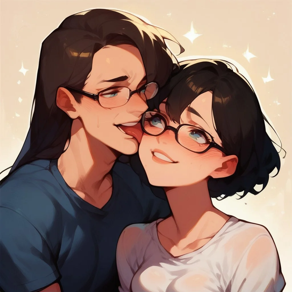 score_9_up, score_8_up, score_7_up, score_6_up, score_5_up, score_4_up, Expressiveh, licking face, 1boy, 1girl, hetero, blush, smile, simple background, black hair, glasses