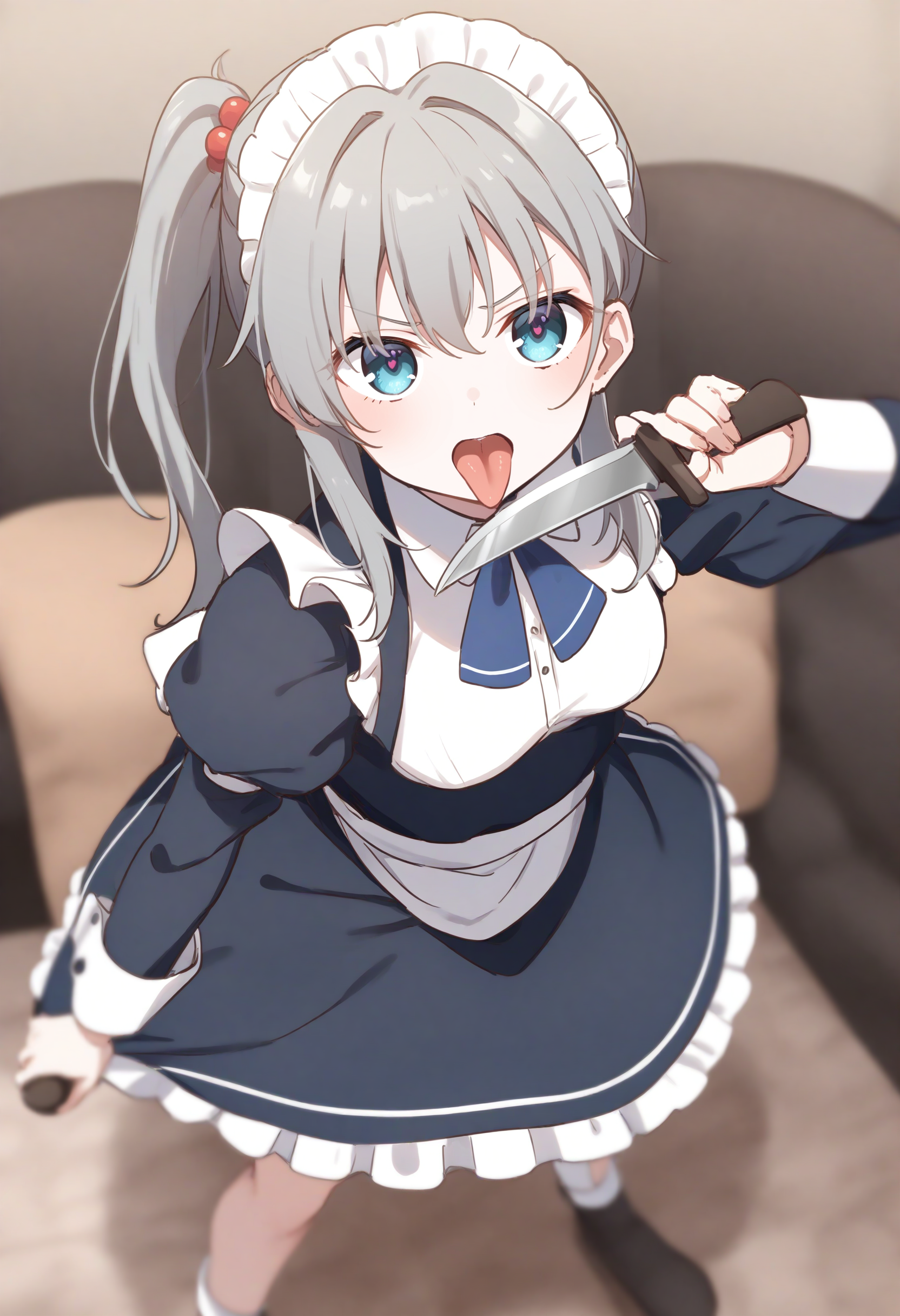 1girl,sincos, ningen mame, toosaka asagi,solo,medium breasts,20yo,maid,maid headdress,
licking knife, <lora:lickingknife_XL_v1:0.8>
tongue out, licking knife, sword, holding weapon, licking weapon,
from above, feet out of frame, looking ahead, silver hair, gray eyes,guilt, nunnery, open mouth, front ponytail hair,,
best quality, very aesthetic, absurdres