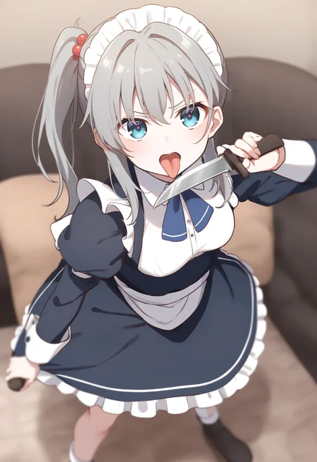 1girl,sincos, ningen mame, toosaka asagi,solo,medium breasts,20yo,maid,maid headdress,
licking knife, <lora:lickingknife_XL_v1:0.8>
tongue out, licking knife, sword, holding weapon, licking weapon,
from above, feet out of frame, looking ahead, silver hair, gray eyes,guilt, nunnery, open mouth, front ponytail hair,,
best quality, very aesthetic, absurdres