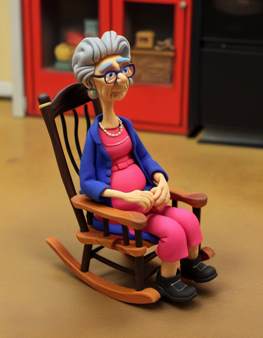 claymation, a grandma sitting on a rocking chair,  <lora:CLAYMATE_0.3_:0.7>