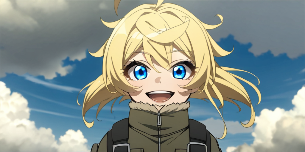 masterpiece,high resolution,
TanyaDegurechaff,,flyingsuit,  1girl, solo, looking at viewer, smile, open mouth, blue eyes, blonde hair, hair between eyes, ahoge, sky, cloud, uniform, military, military uniform, cloudy sky, goggles,flight suit,
 <lora:tanya_XL:0.6>