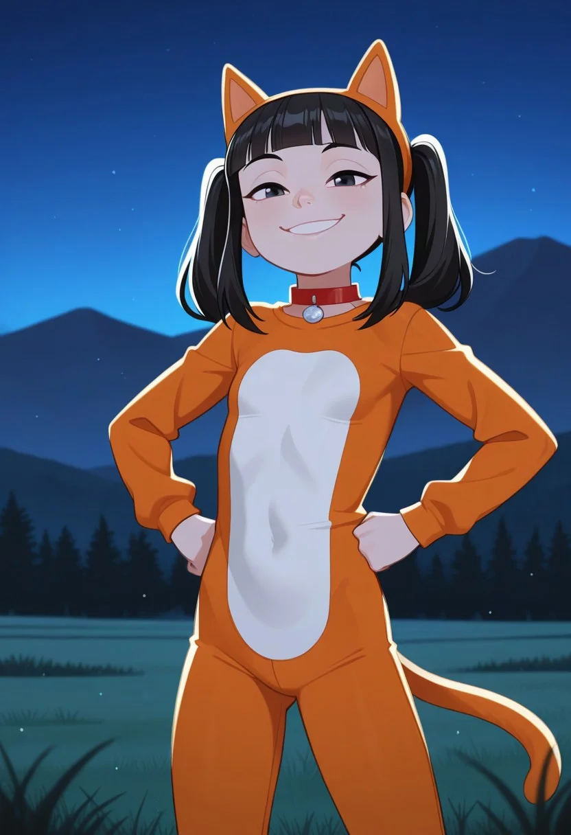 score_9,score_8_up,score_7_up,score_6_up, masterpiece, best quality, very aesthetic, 2d, ((thin lines)),
volumetric lighting, light particles, depth of field,
detailed background, outdoors, distant mountains, trees, grass, night sky,
BREAK
1girl, (female focus), solo, Perfect Body, (Perfect Anatomy), kitty_cat_illus, black eyes, blunt bangs, black hair, twintails,
smile,
collar, cat costume, animal costume, tail
cowboy shot, from the front,
standing, waving, hands on hips, smiling, dynamic pose, wide stance, looking at viewer