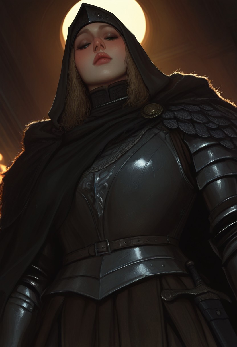 realistic,
black knife assassin, elden ring, 1girl, full armor, black cloak, full armor, hood up, gauntlets, pauldrons, breastplate, armor, cloak, ring, neck ruff ,(((c:))) ,shop ,from below
,A professional, high-quality, hyper-realistic portrait. The image features ultra-detailed eyes, realistic skin texture, intricate facial features, and cinematic lighting. Shot in low light with a Nikon Z7 II and a NIKKOR Z 50mm f/1.8 lens, showcasing shallow depth of field (bokeh) and RAW photography quality. Masterpiece-level, sharp and photorealistic, fine art photography style.
artist: incase,artist:moriimee,
,masterpiece, best quality, very awa, newest,yameroyandere,Dark Fantasy page