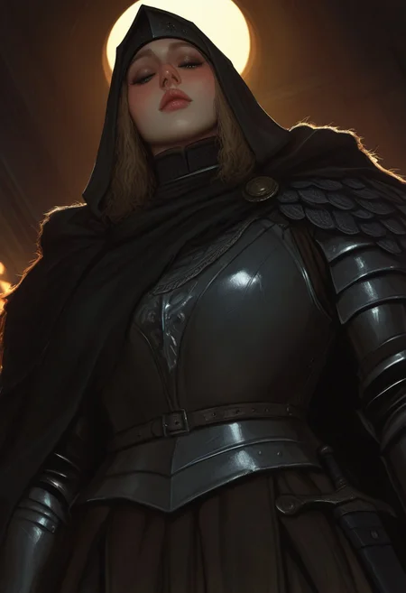 realistic,
black knife assassin, elden ring, 1girl, full armor, black cloak, full armor, hood up, gauntlets, pauldrons, breastplate, armor, cloak, ring, neck ruff ,(((c:))) ,shop ,from below
,A professional, high-quality, hyper-realistic portrait. The image features ultra-detailed eyes, realistic skin texture, intricate facial features, and cinematic lighting. Shot in low light with a Nikon Z7 II and a NIKKOR Z 50mm f/1.8 lens, showcasing shallow depth of field (bokeh) and RAW photography quality. Masterpiece-level, sharp and photorealistic, fine art photography style.
artist: incase,artist:moriimee,
,masterpiece, best quality, very awa, newest,yameroyandere,Dark Fantasy page
