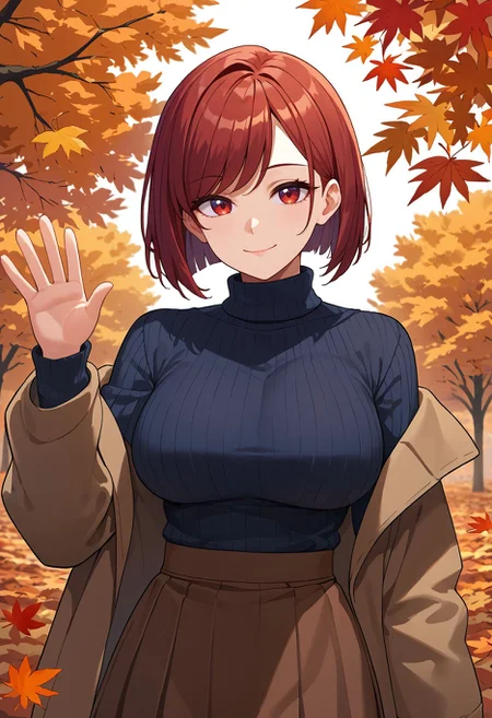 score_9, score_8_up, score_7_up,  1girl, autumn, autumn leaves, black sweater, bob cut, breasts, brown coat, brown skirt, closed mouth, coat, large breasts, leaf, leaf background, long sleeves, looking at viewer, medium hair, off shoulder, orange background, red eyes, red hair, ribbed sweater, skirt, smile, solo, sweater, swept bangs, turtleneck, turtleneck sweater, upper body, waving