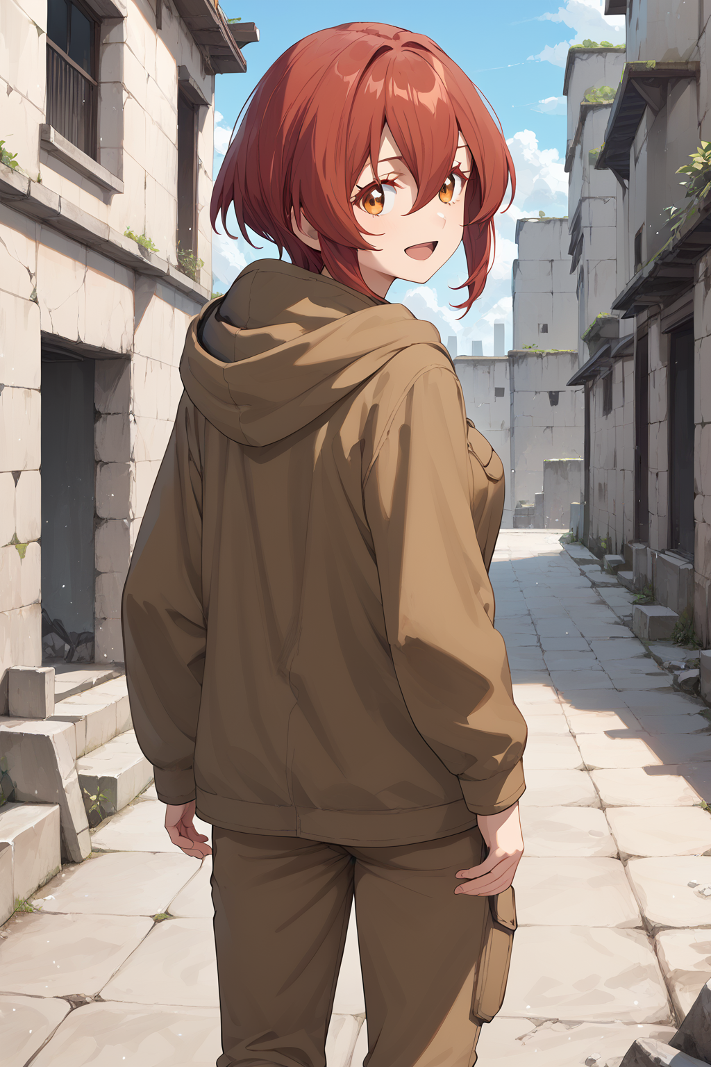 score_9, score_8_up, score_7_up, score_6_up, score_ANIME,  1girl,  ,  kurenakukumila, 1girl, solo, red hair, short hair, looking at viewer,, brown hooded jacket,, brown eyelashes, orange eyes, sidelocks, standing, brown pants,  hair between eyes,  <lora:kurenakukumila_pony3:1>, cowboy shot, medium breasts,  smile,  open mouth,  from behind,  running,  looking back,  ruins,  city,