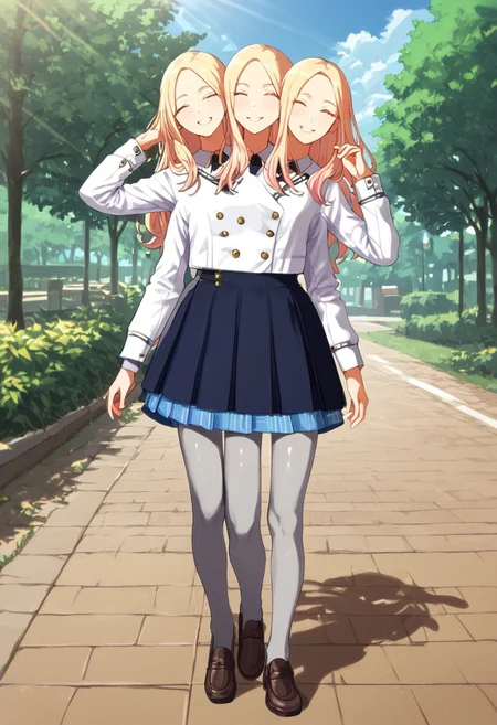((1girl)), ((8arms, three heads, six legs, trileg)),  score_9, score_8_up, score_7_up, score_6_up, score_5_up, score_4_up, shiny skin, leg focus, juosena, (( grey pantyhose)), loafers, fully clothed, casual, walking , slender legs, looking at viewer, smiling, mouth closed, outdoors, park, [shadows], light rays, Expressiveh
