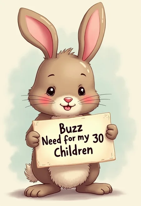 cute bunny holding sign it say "buzz need for my 30 children"