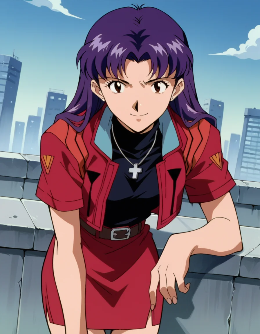 score_9, score_8_up, score_7_up, source_anime,
misatokatsuragi,  <lora:misato-katsuragi-classic-ponyxl-lora-nochekaiser:1>,
misato katsuragi, long hair, brown eyes, purple hair, parted bangs,
skirt, jewelry, jacket, belt, necklace, uniform, cross, red jacket, pencil skirt, cross necklace, red skirt, black shirt, turtleneck, cropped jacket,
outdoors, cityscape, bent over, smile,
cowboy shot, looking at viewer, solo, dutch angle,