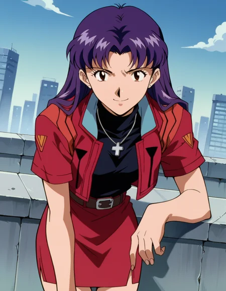 score_9, score_8_up, score_7_up, source_anime,
misatokatsuragi, <lora:misato-katsuragi-classic-ponyxl-lora-nochekaiser:1>,
misato katsuragi, long hair, brown eyes, purple hair, parted bangs,
skirt, jewelry, jacket, belt, necklace, uniform, cross, red jacket, pencil skirt, cross necklace, red skirt, black shirt, turtleneck, cropped jacket,
outdoors, cityscape, bent over, smile,
cowboy shot, looking at viewer, solo, dutch angle,