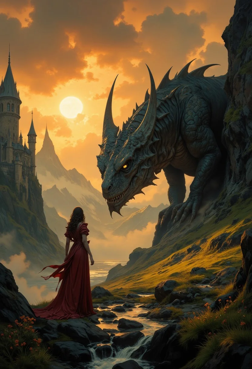 8k high quality digital painting , masterpiece, very detailed, ultra realistic, (best quality) very detailed epic masterpiece,
unearthly beautiful, a breathtakingly beautiful landscape in the French Alps, in the foreground a beautiful princess stands aside a black dinosaur-like dragon watches a beautiful castle in the distance, the low yellow sun casts long shadows, breathtaking red-yellow light effects by the sun, enchanting landscape, fairytale-like, calm mood, flowers in the foreground, realistic
