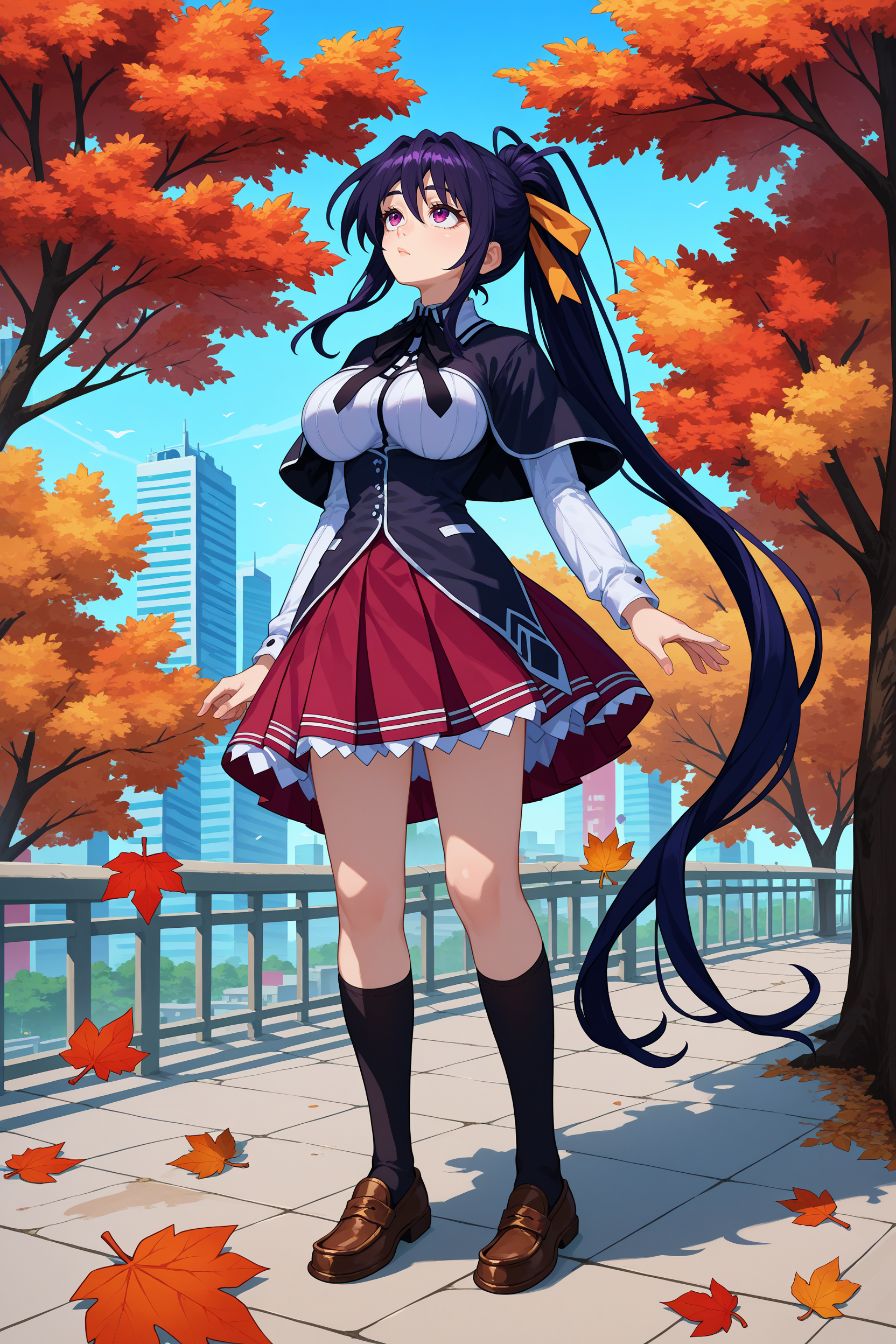 score_9, score_8_up, score_7_up, score_6_up, source_anime, 1girl, solo, <lora:akenohimejima-pdxl-nvwls-v1-000005:1> dxdAH, black hair, ponytail, very long hair, purple eyes, hair ribbon, neck ribbon, black capelet, white shirt, long sleeves, black uniform, red skirt, short skirt, pleated skirt, black kneehigh socks, loafers, full body, city, blue sky, trees, leaves blowing in the wind, looking up, standing, large breasts