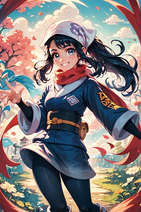 score_9, score_8_up, score_8, medium breasts, (curvy), cute, eyelashes,       BREAK, , ,,, zzAkari, grey eyes, eyelashes, black hair, long hair, white headwear, sidelocks, ponytail,  black pantyhose, black undershirt, jacket, loose socks, pantyhose, red scarf, sash, <lora:Akari_Pokemon_PDXL:0.8>,    ,,,, BREAK, <lora:Hyperdriver_PDXL_v3:0.5>, ,,, BREAK, smile, looking at viewer, cowboy shot, embedding:zPDXL,