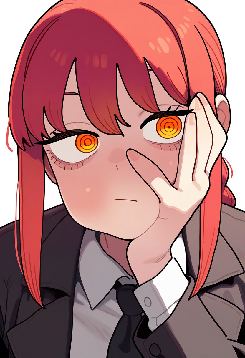 masterpiece, best quality, very aesthetic, high resolution, ultra-detailed, absurdres, newest, extremely detailed eyes, beautiful, perfect lighting, hi res, amazing quality, very awa, Brittle_ST, 1girl, makima (chainsaw man), red hair, ringed eyes, looking at viewer, white background, simple background, black necktie, collared shirt, formal, suit, white shirt, bangs, sidelocks, orange eyes, hand on own face, braid, closed mouth, long sleeves, medium hair, jacket, office lady