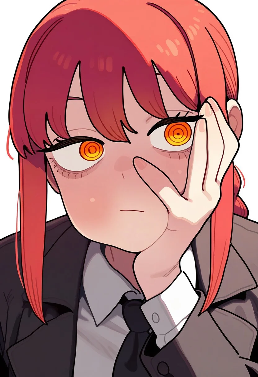 masterpiece, best quality, very aesthetic, high resolution, ultra-detailed, absurdres, newest, extremely detailed eyes, beautiful, perfect lighting, hi res, amazing quality, very awa, Brittle_ST, 1girl, makima (chainsaw man), red hair, ringed eyes, looking at viewer, white background, simple background, black necktie, collared shirt, formal, suit, white shirt, bangs, sidelocks, orange eyes, hand on own face, braid, closed mouth, long sleeves, medium hair, jacket, office lady