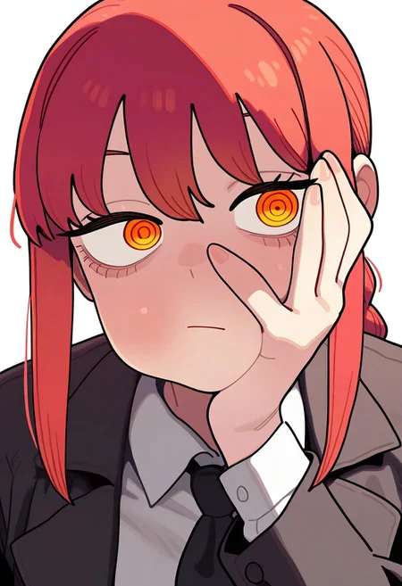 masterpiece, best quality, very aesthetic, high resolution, ultra-detailed, absurdres, newest, extremely detailed eyes, beautiful, perfect lighting, hi res, amazing quality, very awa, Brittle_ST, 1girl, makima (chainsaw man), red hair, ringed eyes, looking at viewer, white background, simple background, black necktie, collared shirt, formal, suit, white shirt, bangs, sidelocks, orange eyes, hand on own face, braid, closed mouth, long sleeves, medium hair, jacket, office lady