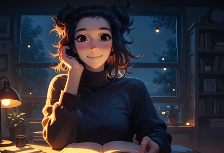 score_9, score_8_up, score_8,
1girl, solo, female, woman,
black hair, messy hair bun,
turtleneck sweater, cozy,
cottagecore,
potted plants,
blushing, happy, joy, smile, closed mouth,
bedroom, desk, lamp,
reading, hand
loveletters,
night, window, detailed background, bookshelf,
lit foreground, unlit background,
edgelit, dynamic lights, warm lights, dimly lit,