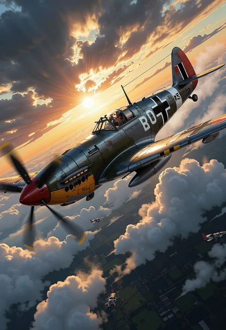 A hyper-detailed 2D illustrator art wallpaper captures the epic, heroic moment of a WWII-era Messerschmitt Bf-109 in action. The iconic fighter plane dominates the scene, its sleek, angular fuselage forged from polished steel and aluminum alloy, reflecting the muted glints of light from a dramatic, storm-laden sky. Intricate panel lines and rivets emphasize the craftsmanship of this legendary aircraft, while subtle weathering and battle-worn details narrate its storied history in the skies.
The Bf-109's powerful wings extend outward, their undersides painted with sharp, bold insignias and accented by faint scarring from combat. Its propeller spins in a blur of motion, cutting through the air with precision and evoking a sense of raw power. The cockpit canopy glints faintly, revealing hints of intricate controls and the silhouette of a determined pilot within. The Iron Cross Emblem on the body.
The dramatic cloudy sky provides a breathtaking backdrop, swirling with deep grays, ominous blacks, and streaks of fiery orange and gold as the sun pierces through the chaos. Layers of mist and dynamic lighting add depth and movement, amplifying the intensity of the scene. This masterpiece blends ultra-realistic details with rich textures and atmospheric realism, rendered in stunning 32k resolution, ensuring a cinematic and immersive viewing experience. A truly high-quality, official-art-style composition that embodies power, artistry, and timeless heroism.