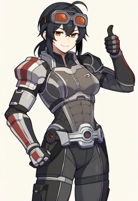 score_9, score_8, score_7_up, score_6_up, 1girl, solo,  n7 armor, armor, BREAK, zzzGrace, black hair, ahoge, short ponytail, goggles on head,bodysuit under clothes, hand on hip, cowboy shot, smile, thumbs up, simple background