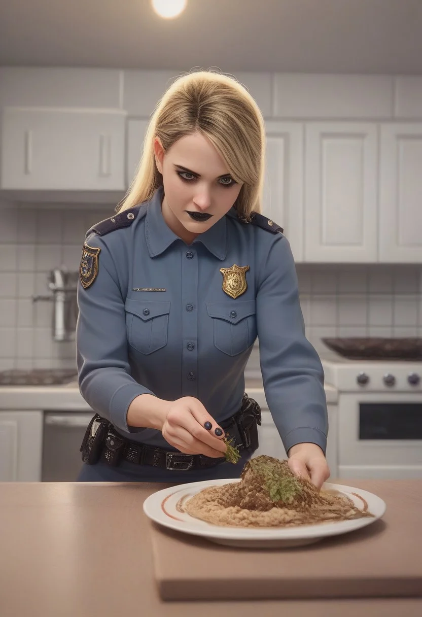 score_7_up, best quality, detailed, studio lighting, realistic, adult, 1woman, police, thick, muscular, goth, holding, dish detail, indoors, kitchen, sunset