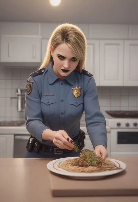 score_7_up, best quality, detailed, studio lighting, realistic, adult, 1woman, police, thick, muscular, goth, holding, dish detail, indoors, kitchen, sunset