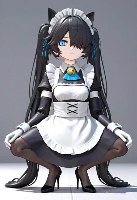 (3D),(((((MMD))))),(Maid-kasli), solo, white gloves, dress, hair over one eye, maid apron, blue eyes, twintails, cat ears, maid headdress, maid, gloves, 1girl, apron, juliet sleeves, long sleeves, long hair, black hair, animal ears, bell,(Fall down),(squatting down, heels touching each other, legs fully extended outward)