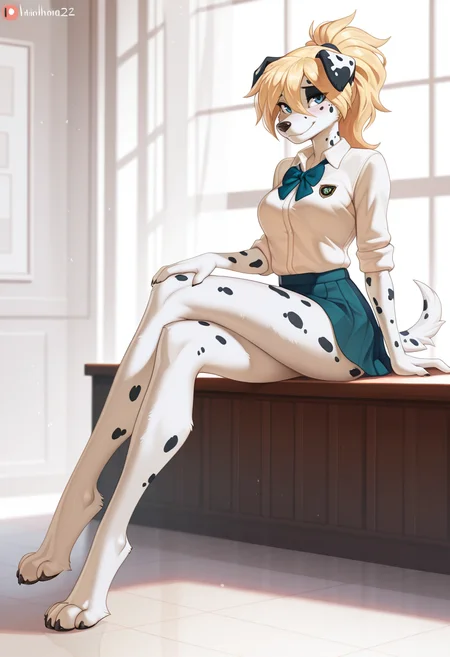 masterpiece,best quality,amazing quality, by hio, sfw, solo, sitting, crossed legs, anthro, furry female, blonde hair, ponytail, paws, furry, dog, dalmatian, blue eyes, (long legs:1.3), best legs, perfect legs, elegant, sexy legs, school uniform, mini skirt, medium breasts, posing, looking at viewer, cute, beautiful, looking at viewer, smile, smiling, shy, full body, 8k, detailed, beautiful, elegant, tall, long and beautiful legs <lora:Hioshiru_style_Illustrious:1>