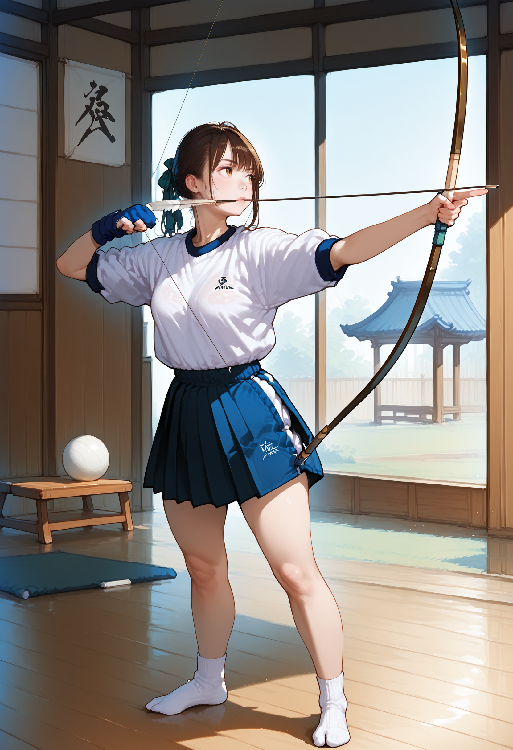 zPDXL3,1girl,full_body,standing,open_stance,indoors,dojo,medium breasts,looking to the side,<lora:Pony_DetailV2.0:1> BREAK
kyudo-aiming,holding bow \(weapon\),drawing bow,bow_string,arrow \(projectile\),aiming,partially fingerless gloves,yugake,closed mouth,gym uniform,pleated shirt,socks,<lora:kyudo-aiming-pony-v30:1>,