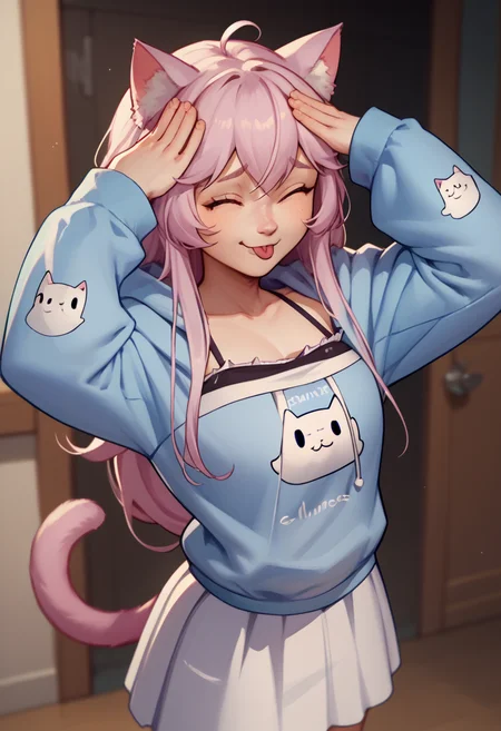 score_9, score_8_up, score_7_up, AhEtoBlehMeme, closed eyes, tongue out, :p, hands on own head, smile, <lora:AhEtoBlehMeme_pdxl_Incrs_v1:1>, <lora:ChamNyatashaNyannersPonyXL:0.8>, NyannersBase, long hair, cat ears, cat tail, hoodie, long sleeves, camisole, cat print, white skirt,