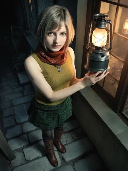 realistic,photo,sleeveless turtleneck,cinematic,
<lora:Ella_Freya_v1_biglust:1>(ellfrya:1.2),adult,(ashl hair:1.2),scarf,black (pantyhose:1.2),long brown boots,green skirt,
none,night,inside,village outside window,holding small vintage lantern,from above,standing pose,
mystical,dystopian,horror \(theme\),resident evil 4 \(remake\),, best quality,