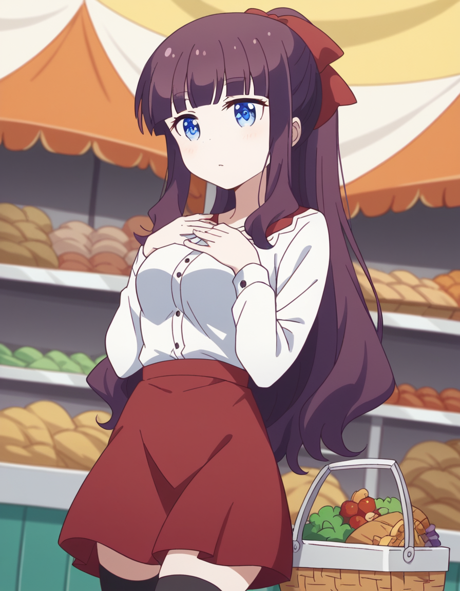 score_9, score_8_up, score_7_up, source_anime, <lora:hifumi-takimoto-s2-ponyxl-lora-nochekaiser:1>, hifumi takemoto, long hair, bangs, blue eyes, bow, ponytail, purple hair, hair bow, medium breasts, skirt, shirt, thighhighs, white shirt, black thighhighs, red skirt,, farmers market, fresh produce, local vendors, baskets, sunny day, community, , , hands on own chest,, solo,, cowboy shot, dutch angle