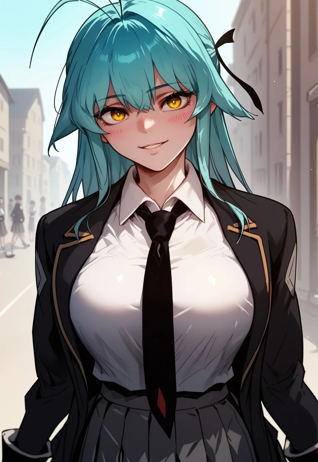 zPDXL3, score_9, score_8_up, score_7_up, source_anime, 1girl, Abel, yellow eyes, blue hair, antenna hair, cowboy shot, long hair, sexy body, large breast, looking at viewer, smile, blush, parted lips, school, outside, tress, long hair, side locks, school uniform, black jacket, white shirt, black necktie, pleated skirt,