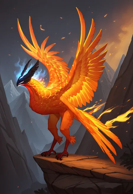 score_9, score_8_up, score_7_up, score_6_up, score_5_up, score_4_up, 1girl, <lora:PhoenixDota2:0.85> no humans, wings, bird, fire, glowing, feral, standing, from side, talons,
mountains background,