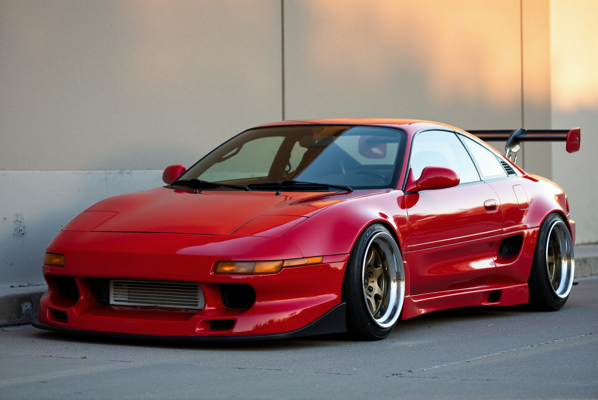 <lora:Toyota_MR2_SW20:0.8> 
A heavily modified red Toyota MR2 SW20 parked beside an urban concrete wall, captured in low golden-hour sunlight that enriches the vibrant paint with amber undertones. The widebody fenders, vented carbon hood, and aggressive aero enhancements give the car a brutal, track-focused appearance. The front bumper features a large open grille and deep chin splitter, while the smoked headlights blend seamlessly into the sculpted front end. The side profile reveals low ride height, cambered wheels with chrome-lipped barrels, and stretched tires tucked into flared arches. Dark window tints and a roll cage visible through the glass add motorsport context. Reflections along the wall echo the carâs bold lines, and the pavement texture beneath enhances the gritty realism. The whole scene fuses stance culture and street performance into a tight, dramatic composition that celebrates individuality, aggression, and precision.
