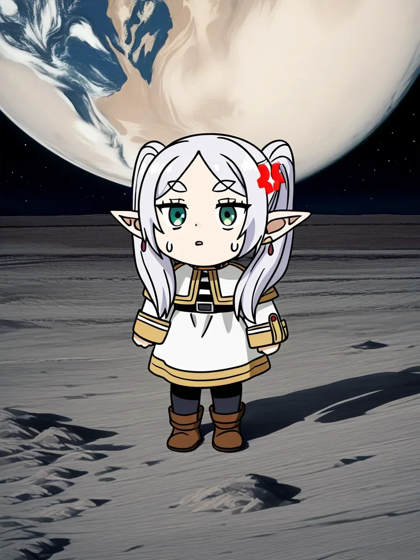 <lora:contract_controller_illus01_v1:0.1><lora:noobai_ep11_stabilizer_v0.205_fp16:1>1girl,green eyes,white hair,frieren,anger vein,chibi,standing on the moon,full body,sweatdrop,exhausted,Earth in background,black background,stars in sky,masterpiece,