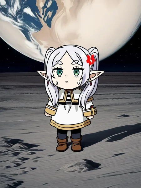 <lora:contract_controller_illus01_v1:0.1><lora:noobai_ep11_stabilizer_v0.205_fp16:1>1girl,green eyes,white hair,frieren,anger vein,chibi,standing on the moon,full body,sweatdrop,exhausted,Earth in background,black background,stars in sky,masterpiece,