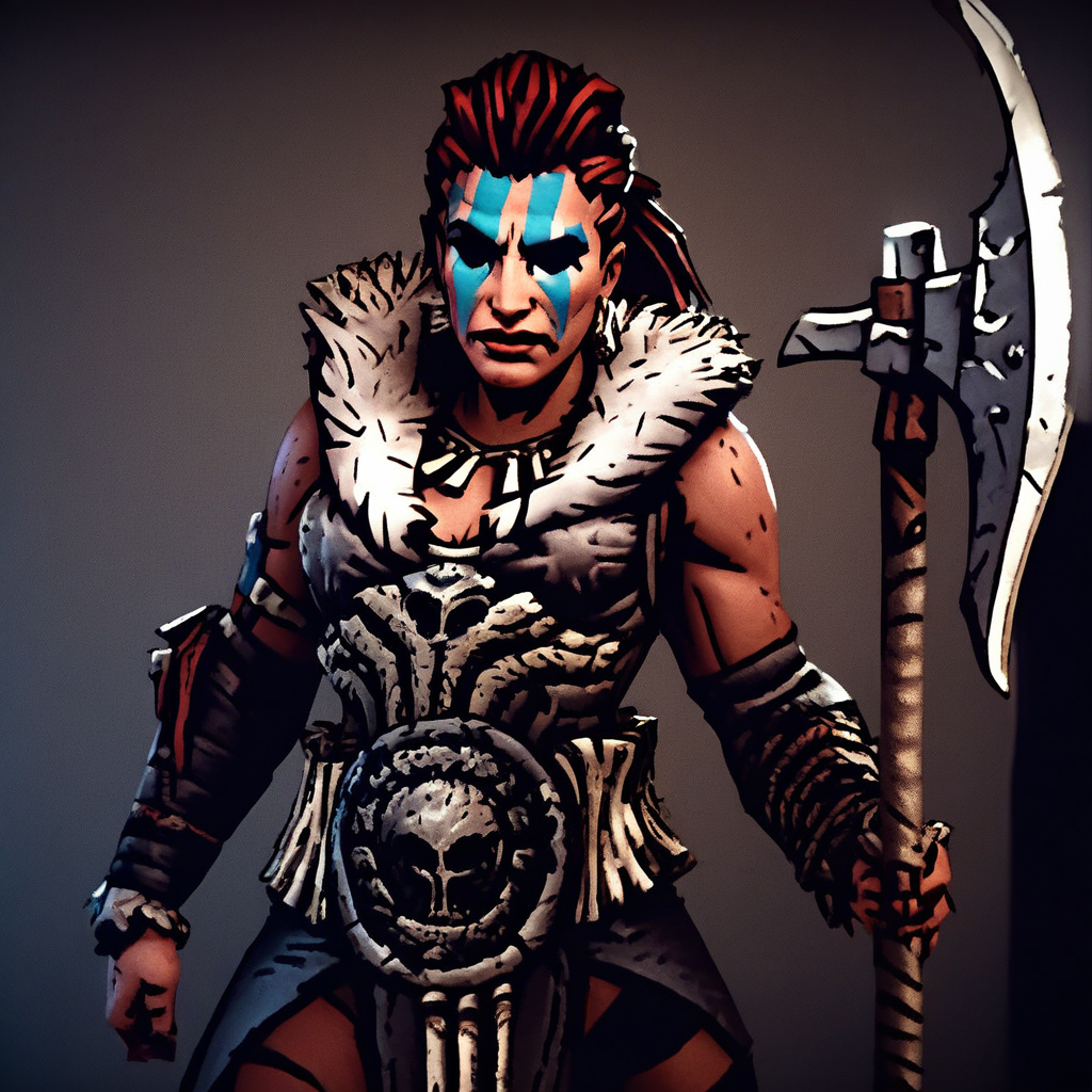 score_9, score_8_up, score_7_up, masterpiece, best quality, newest, absurdres, highres, DDstyle, official style, black eyes, shaded eyes, 1girl, HellionDD-Il.V1.0, jewelry, necklace, red hair, armor, leather armor, fur coat, red hair, tribal, clevage,