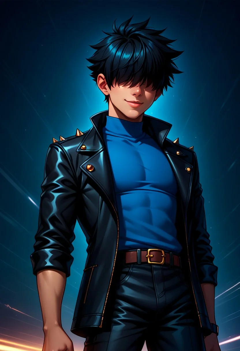 score_9, score_8_up, score_7_up, score_6_up, easynegative, ng_deepnegative_v1_75t, 1 boy, solo, bright dynamic skies in the background, detailed background, boy wearing a red shirt and a small black jacket, stylish, black hair, hair covering eyes, spikey hair, spiked hair facing front, boy's hair covering his eyes, hair over eyes, boy wearing a blue shirt and small black jacket in a road, boy looking in the distance, looking away, smiling, dark lighting, dark road, bright skies, full view, view from below,