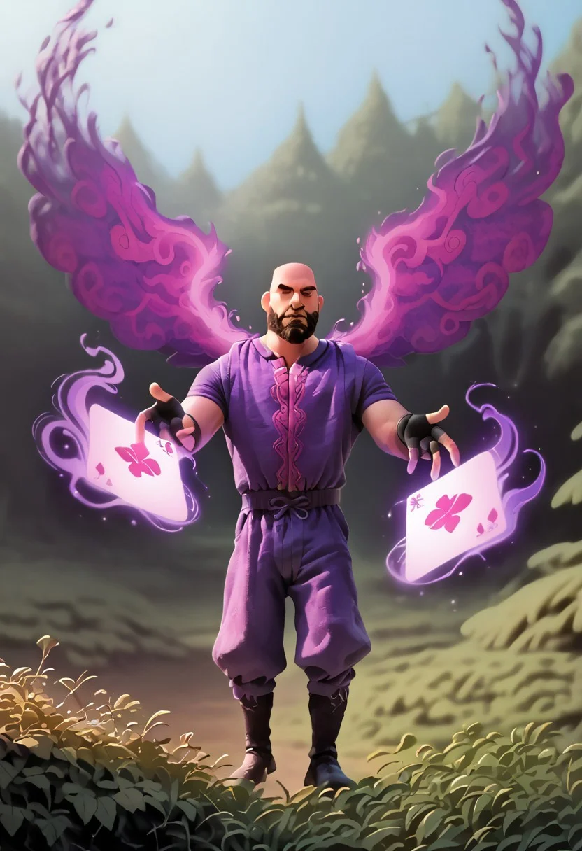 DisneyStyleXLP, cartoon, score_9, score_8_up, score_7_up, score_6_up, 1boy, full body shot, MrMustache, middle age male, outdoors, Pale skin, bald head, curly mustache, full beard, round face, black boots, (flying pose:1.5), fingerless gloves, holding, holding card, dark aura, twilight, dappled lighting, arkane_dark, magic, dark fantasy forest, cinematic, masterpiece, depth of field, best quality,