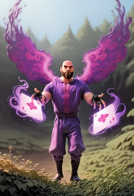 DisneyStyleXLP, cartoon, score_9, score_8_up, score_7_up, score_6_up, 1boy, full body shot, MrMustache, middle age male, outdoors, Pale skin, bald head, curly mustache, full beard, round face, black boots, (flying pose:1.5), fingerless gloves, holding, holding card, dark aura, twilight, dappled lighting, arkane_dark, magic, dark fantasy forest, cinematic, masterpiece, depth of field, best quality,