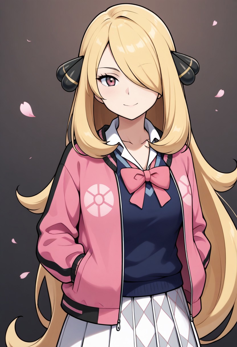 2d, masterpiece, best quality, amazing quality, 1girl, solo, close-up, smile, looking at viewer, simple background, multicolored background, pink shades, sakura petals, cowboy shot, cynthia \(pokemon\), grey eyes, blonde hair, long hair, hair over one eye, def colors, white hair ribbon, black jacket, pink jacket, multicolored jacket, open jacket, blue sweater vest, white collared shirt, long sleeves, pink bowtie, pleated skirt, white skirt, checkered skirt