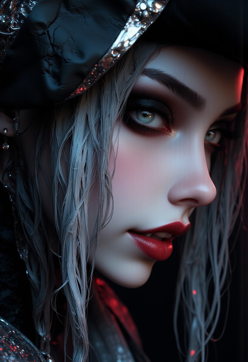 masterpiece, high detail, masterpiece, closeup portrait of stunning oriental vampire woman, Lady Maria, long silver hair with white streak coming down from her hat, dark eyeshadow, red lips, mouth slightly open showing fangs, chiascuro, sexy, seductive, erotic, direct gaze, dark background. highest definition, HD32K, wallpaper, hyperdetailed, concept art, extreme closeup, side profile