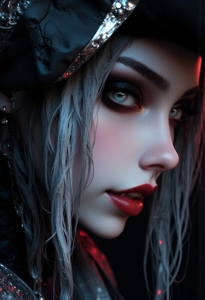 masterpiece, high detail, masterpiece, closeup portrait of stunning oriental vampire woman, Lady Maria, long silver hair with white streak coming down from her hat, dark eyeshadow, red lips, mouth slightly open showing fangs, chiascuro, sexy, seductive, erotic, direct gaze, dark background. highest definition, HD32K, wallpaper, hyperdetailed, concept art, extreme closeup, side profile