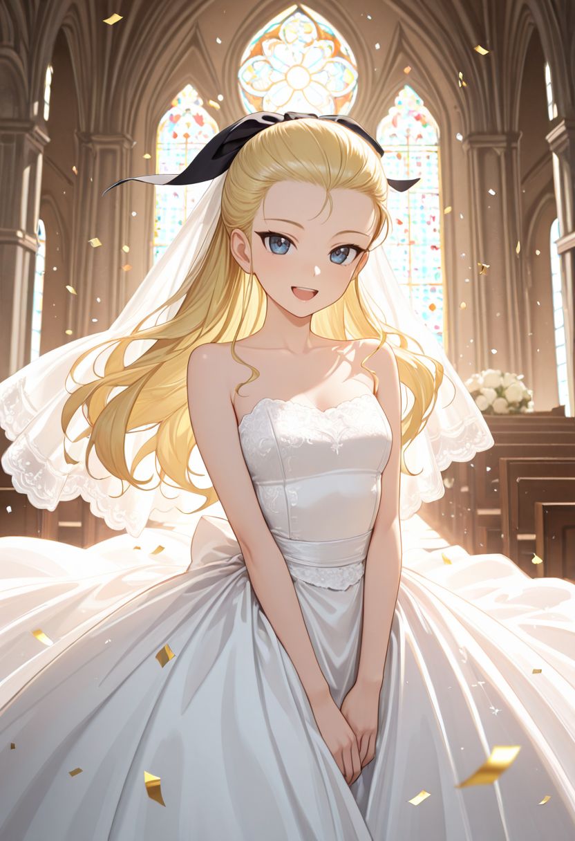 masterpiece,best quality,absurdres,highres,very aesthetic,high quality,detailed,insanely detailed,beautiful,perfect lighting, looking at viewer,
  <lora:Assam illu:1> 1girl, hair pulled back, blonde hair, long hair, blue eyes, hair ribbon, black ribbon,wedding dress, veil, church, (confetti:1.1), smile, open mouth, white dress, wedding dress), indoors