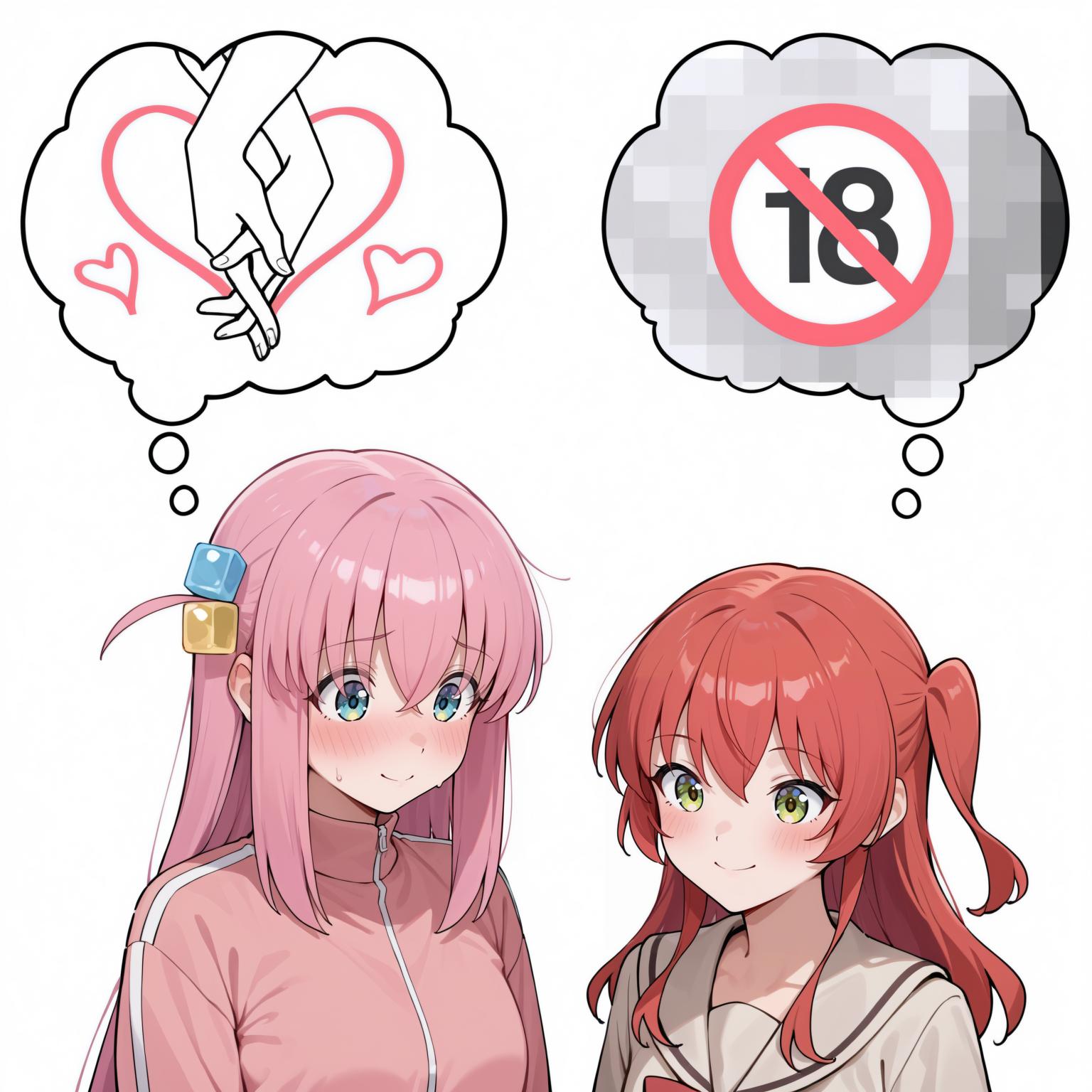 shpynamic, thought bubble, simple background, 2girls, white background, upper body,
BREAK
1girl, gotoh hitori, pink hair, blue eyes, cube hair ornament, pink track suit, blush, heart, embarrassed, interlocked fingers,
BREAK
1girl, kita ikuyo, red hair, green eyes, shuka high school uniform, smile, mosaic censoring, expressionless,
<lora:another_ship_dynamic_i_enjoy_meme-08-NOOB-EPS1.1:1.2>