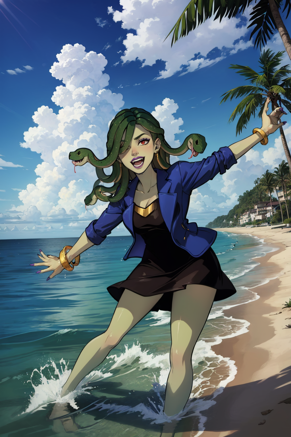 (masterpiece, best quality:1.2), <lora:vera_oberlin:.9>, vera oberlin, 1girl, solo, high heels, snake hair, breasts, large breasts, green hair, jewelry, hair over one eye, snake, dress, bracelet, long hair, lipstick, jacket, makeup, purple lips, earrings, purple nails, nail polish, red eyes, skirt, short dress, colored skin, green skin, black dress, blue jacket, monster girl, shoes, legs, one eye closed, smile, water, ocean, outdoors, splashing, open mouth, sky, looking at viewer, day, outstretched arms, cloud, wading, blue sky, beach, ;d