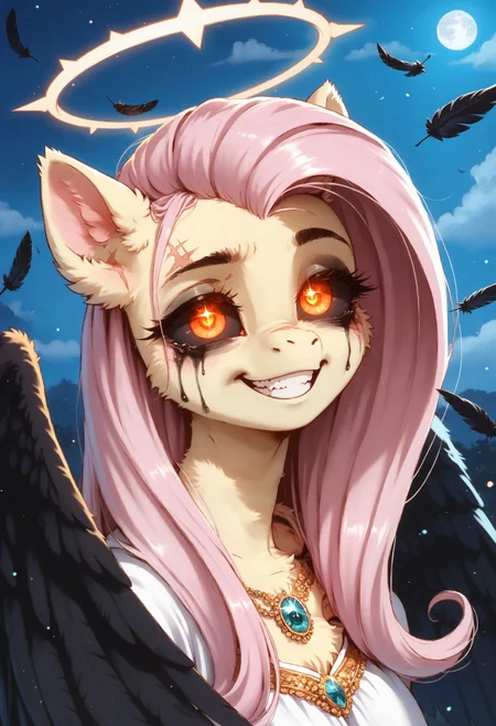 score_9, score_8_up, score_7_up, zPDXL3, fluffy, ma1ma1helmes_b_illu,sketch, charm_person_(magic), cham_aura, aura on hand , glowing eyes, masterpiece, best quality, ultra-detailed, 8K UHD, cinematic lighting, hyperrealistic shading, volumetric light, high contrast, HDR, depth of field, intricate textures, finely detailed fur, (half-closed eyes:1.1), bags under the eyes, tired face, night, full moon, detailed teeth, perfect teeth, clicks
BREAK  
Fluttershy, anthro, pony, black wings, orange eyes, glowing eyes, close-up face, smile, furrowed brows, crazy smile, black sclera, jewelry, halo, ribs, looking up, short neck, scar on face, black makeup, more fluid makeup, (black feathers are flying:1.1)
BREAK  
(masterpiece:1.4), (best quality:1.4), (ultra-detailed face and fur:1.5), (Unreal Engine 5 rendering style:1.3), (realistic lighting and shading:1.3), (cinematic focus:1.2), (4k resolution), (depth of field), (glowing edge light:1.2), (clean lineart), (illustration quality)